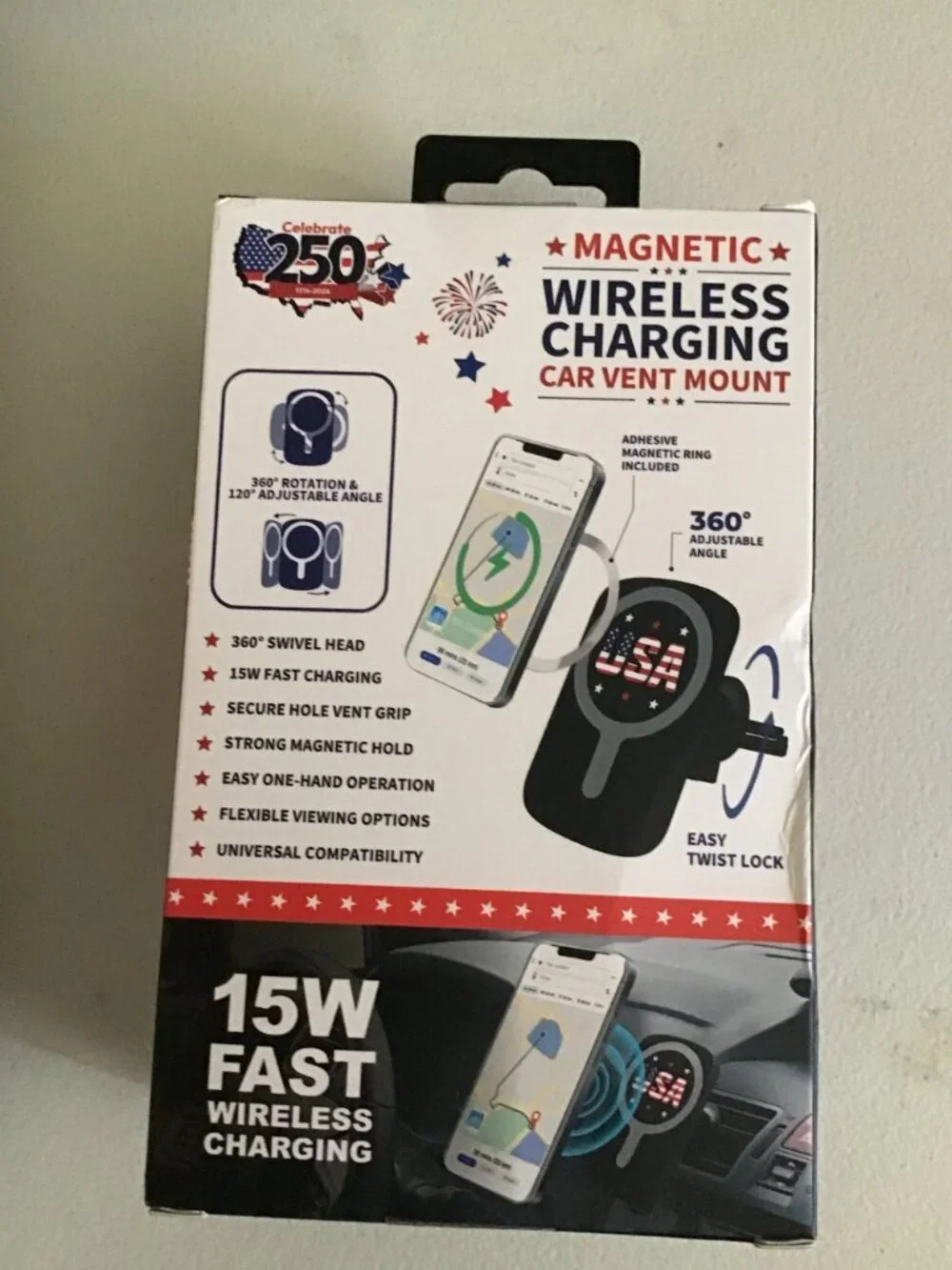 Magnetic Wireless Car Charger Vent Mount Fast Charging Patriotic 250 Years New!